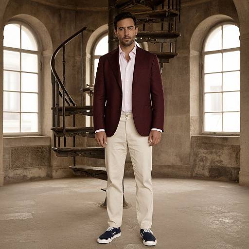 Photograph of a bearded man in a maroon blazer, white shirt, beige pants, and blue sneakers, standing in a dimly lit