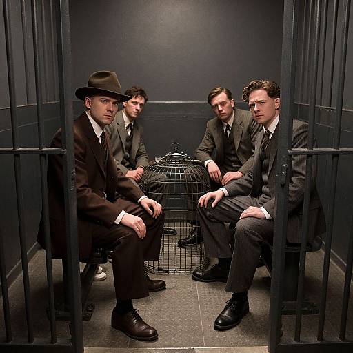 Photograph of four men in black suits and hats, sitting in a dimly lit, dark-walled cell with a birdcage between them.