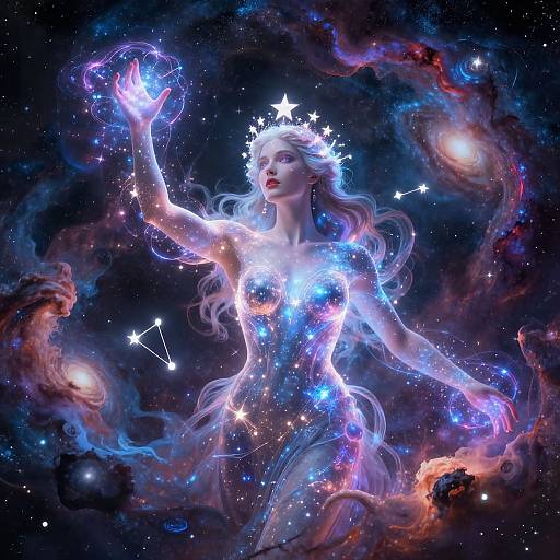 Digital art of a glowing, ethereal woman with white hair and star crown, surrounded by cosmic clouds, creating a radiant orb with her hand in a