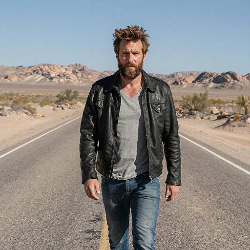 Rugged Man Walking Desert Road