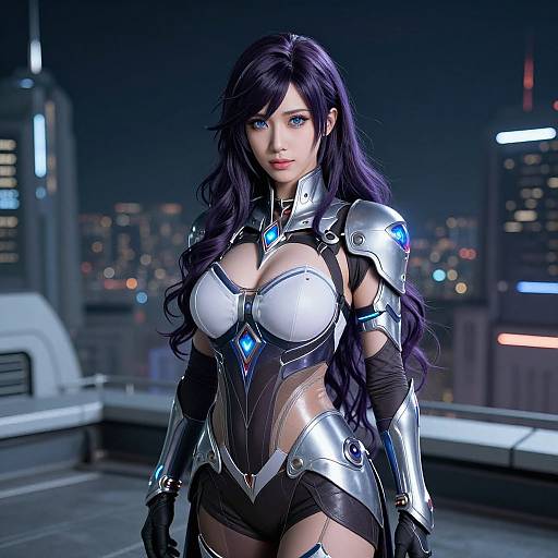 CGI image of a beautiful, blue-eyed woman with long purple hair in futuristic, silver armor with blue accents, standing on a rooftop at night with