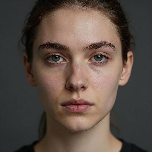 Photograph of a young woman with fair skin, blue eyes, and brown hair in a ponytail, against a dark blue background. Her expression is