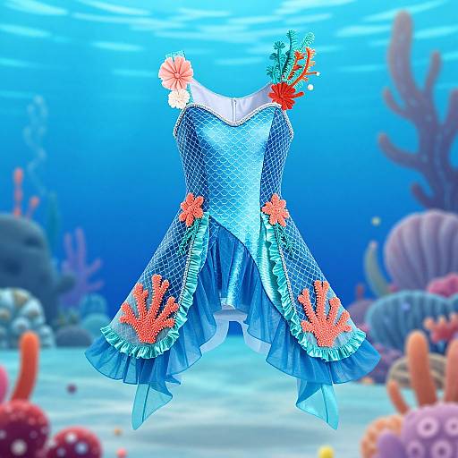 Digital illustration of a blue, fishnet mermaid dress with coral and flower accents, floating underwater amidst colorful coral reefs.