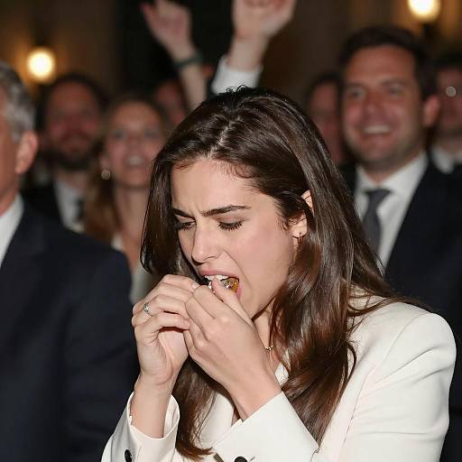 Focused Woman Amidst a Cheering Crowd