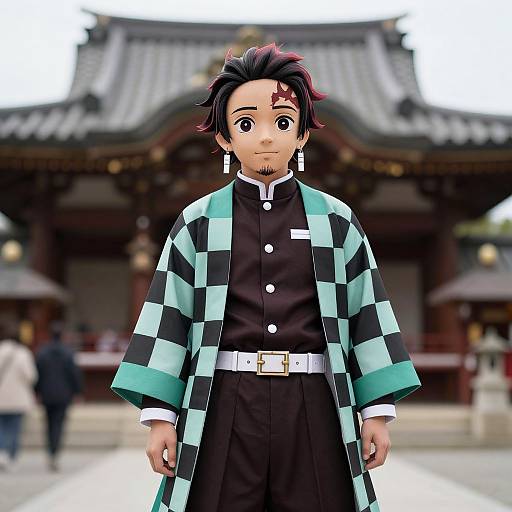 Digital anime-style drawing of a young man with black and teal checkered coat, black shirt, white belt, and black pants, standing in front of