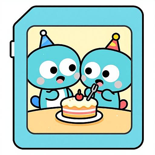 Cartoon image of two blue, round-headed characters with party hats, wide eyes, and blushing cheeks, sharing a birthday cake with a candle.