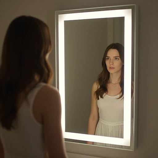 Photograph of a young woman with long brown hair, wearing a white sleeveless dress, standing in front of a brightly lit rectangular mirror, reflecting her