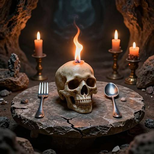 Surreal Skull Candlelit Dining Scene