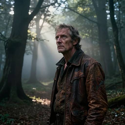 Photograph of a rugged, middle-aged man with disheveled gray hair and weathered face, wearing a worn brown leather jacket, standing in a