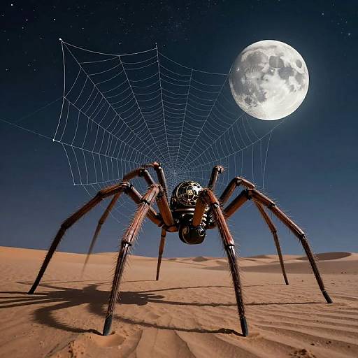 Digital artwork of a large spider with detailed legs and web, set against a night sky with a full moon over a desert.