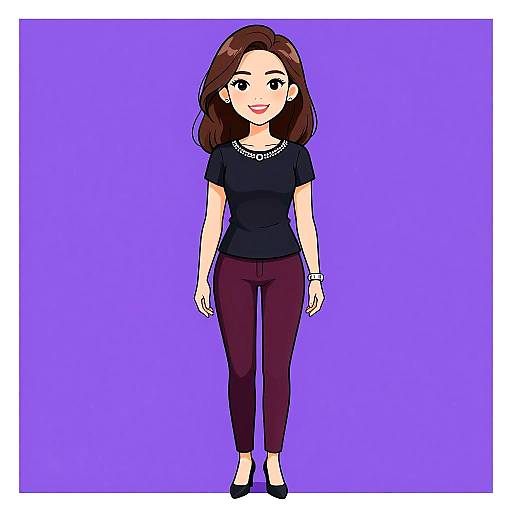 Digital anime-style drawing of a smiling woman with brown hair, black top, maroon pants, black heels, white bracelet, and necklace, against a