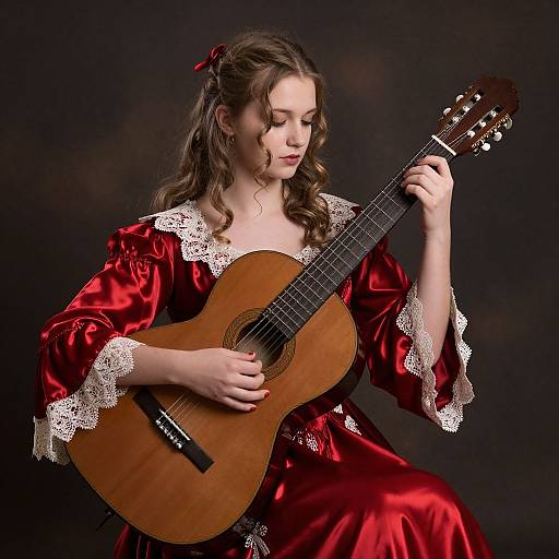 Photograph of a young woman with wavy brown hair, wearing a red satin dress with white lace, playing a wooden acoustic guitar against a dark background