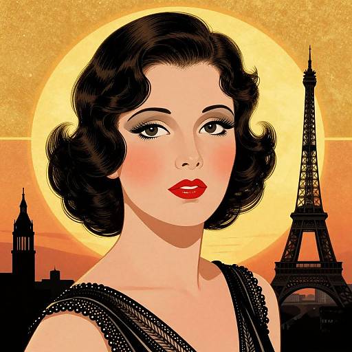 Vintage-style digital illustration of a fair-skinned woman with red lipstick, black wavy hair, and a black sequined dress, against a sunset background