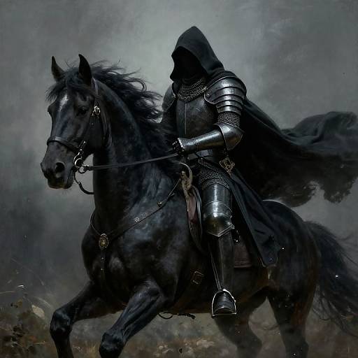 Digital painting of a hooded knight in shiny black armor riding a galloping black horse through a misty, dark landscape.