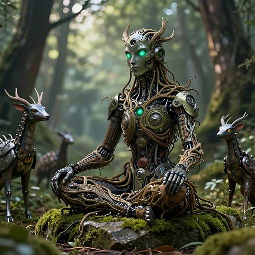 Digital art of a glowing green-eyed, intricately mechanical forest being with wooden and metallic limbs, sitting cross-legged on mossy ground, surrounded by eth
