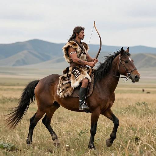 Photograph of a Native American warrior in fur garments, riding a brown horse while holding a bow, in a grassy plains landscape with distant mountains.