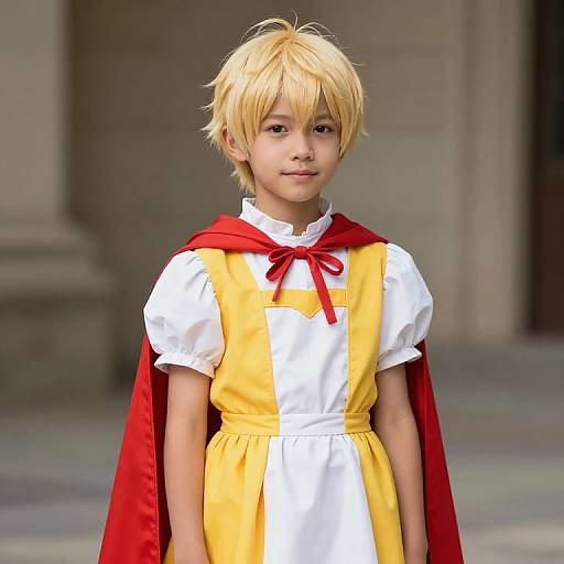Photorealistic CGI of a blonde-haired child wearing a yellow dress with white puffed sleeves, red ribbon, and red cape, standing in front of
