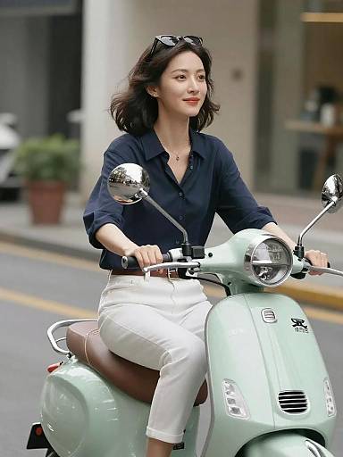 Woman Riding Mint Green Scooter in Business District