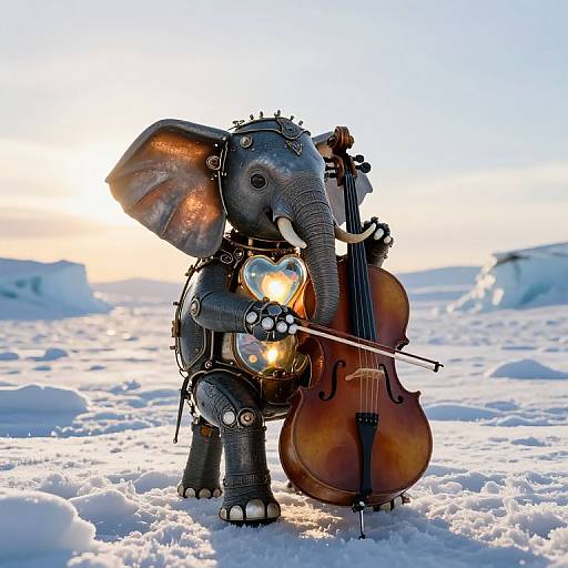 Photograph of a steampunk elephant robot playing a double bass in a snowy landscape at sunset, with glowing heart-shaped light in chest.