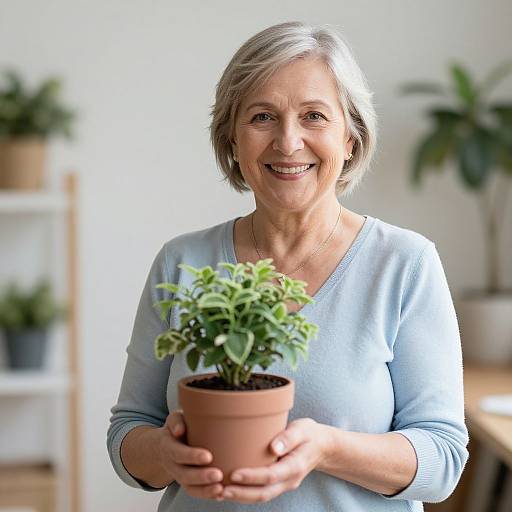 Photograph of a smiling, middle-aged woman with short gray hair, wearing a light blue sweater, holding a potted green plant. Background features blurred