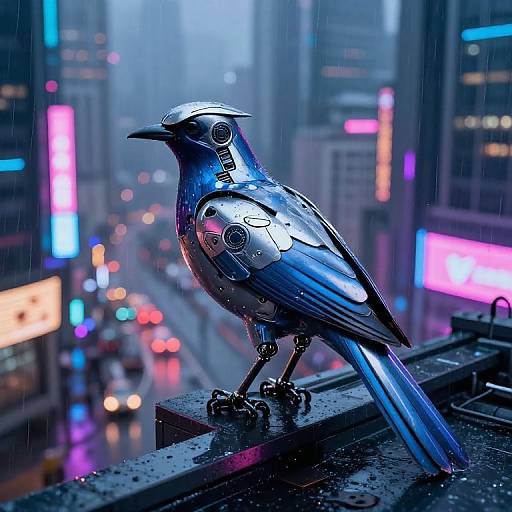Digital artwork of a metallic blue bird with gears, standing on a rainy city ledge, neon lights illuminating the blurred urban background.