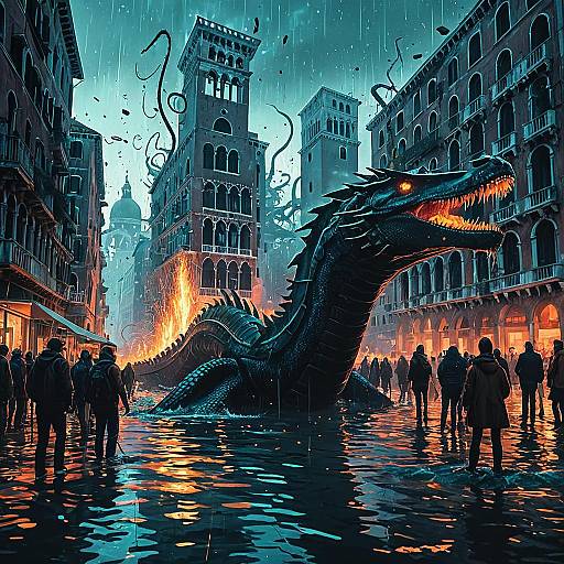 Giant Bioluminescent Sea Serpent in Flooded Venice