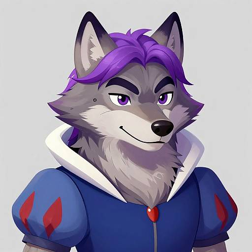 Anthropomorphic gray wolf with purple hair, wearing blue puffed-sleeve dress with white collar, red jewel, smiling confidently, digital art.
