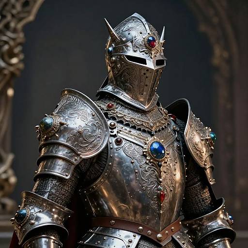 Photorealistic CGI of a heavily armored knight with intricate silver armor, adorned with red and blue gems, in a dark, gothic cathedral.