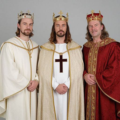 Photograph of three Caucasian men with long hair, beards, and crowns, wearing white, cream, and red ornate robes, standing side
