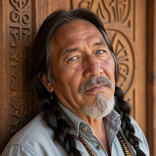 Photograph of a middle-aged man with long black hair, braids, gray beard, light blue eyes, wearing a denim shirt, leaning against a
