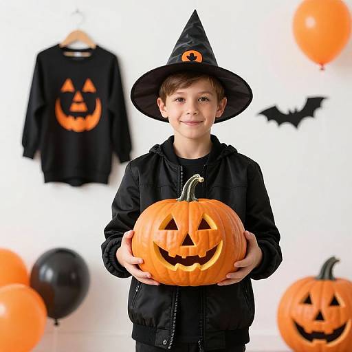 Photograph of a young boy in a black witch hat and hoodie, holding a carved pumpkin with a smiling face, against a white background with Halloween-themed
