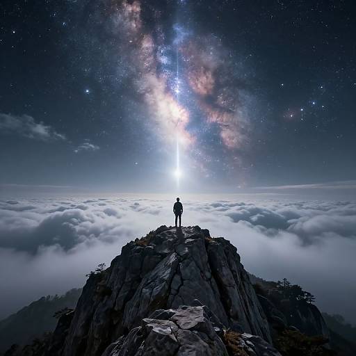 Silhouetted figure stands on rocky peak, gazing at radiant Milky Way and starry sky above dense, glowing clouds. Digital art.