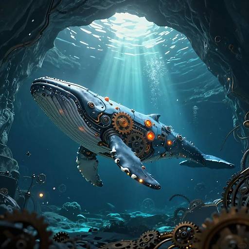 Digital art: Steampunk blue whale with gears and glowing orange lights swims in a dark underwater cave, illuminated by sunlight.