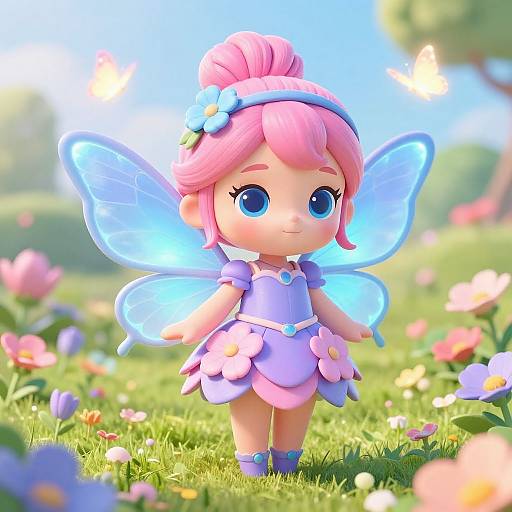 Digital CGI of a cute, pink-haired fairy child with large blue eyes, translucent wings, and a purple flower dress, standing in a sunny meadow
