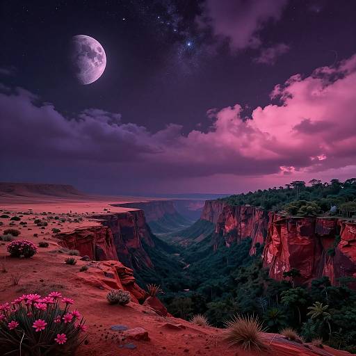 Digital artwork of a surreal canyon landscape under a purple and pink twilight sky, with a full moon and starry night, surrounded by vibrant pink flowers and