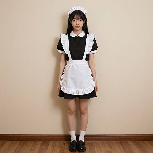 Photograph of an Asian woman standing against a beige wall, wearing a black and white French maid outfit with a headpiece, black shoes, and white