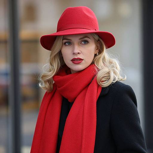 Photograph of a blonde woman with curled hair, wearing a bright red hat and scarf, black coat, and red lipstick, standing outdoors against a blurred