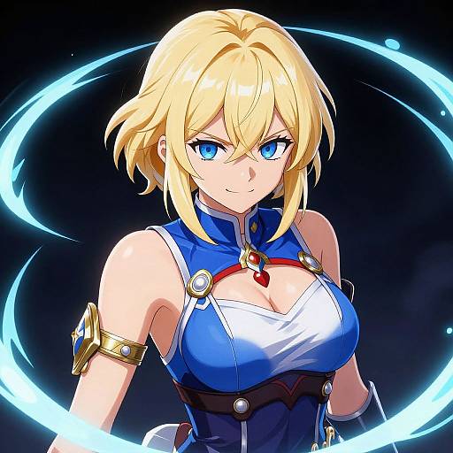 Digital anime-style drawing of a blonde, blue-eyed woman with large breasts, wearing a blue and white outfit with gold arm brace, against a black background