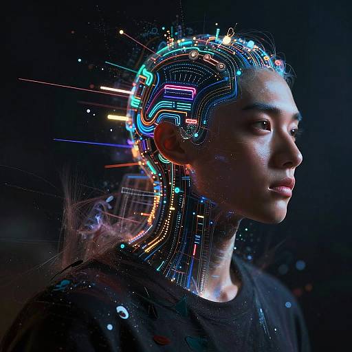 Digital artwork of an East Asian woman with a neon, circuitry-filled head, glowing lines, and dark background, wearing a black shirt. Cyberpunk