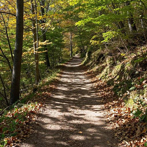 Photograph of a sunlit, leaf-strewn forest path with vibrant green and yellow autumn foliage, tall trees, and dappled light.