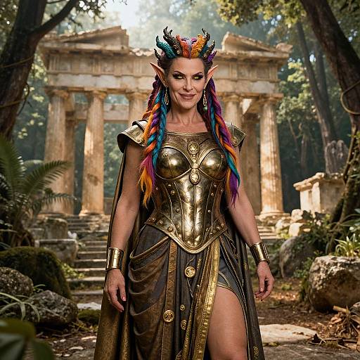 Photorealistic fantasy image of a muscular, elf-like woman with rainbow hair and horns, wearing golden armor and a dark cape, standing in front of