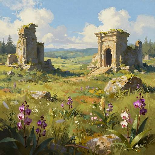 Serene Fantasy Meadow with Ruins