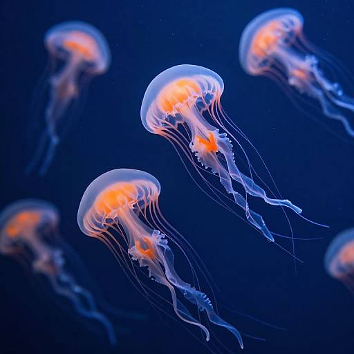 Photograph of glowing jellyfish with vibrant orange bell centers and translucent blue-purple bodies, floating in a dark blue ocean background.