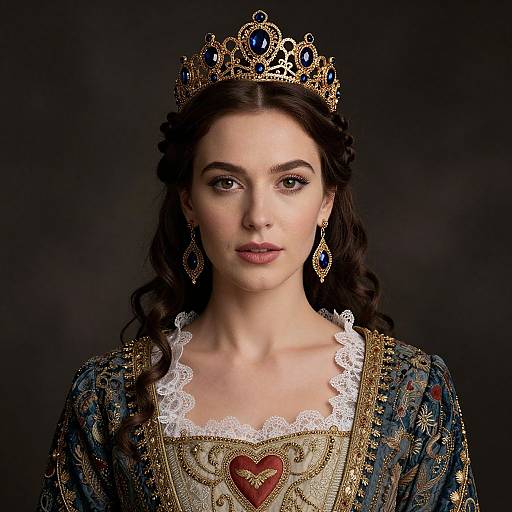 Photograph of a fair-skinned woman with dark curls, wearing an ornate gold crown, blue and gold embroidered dress, white lace trim, and