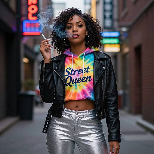 Photograph of a curly-haired Black woman in a black leather jacket, tie-dye 