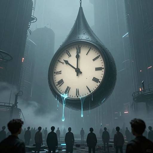 CGI digital art: enormous, rain-soaked clock in a futuristic, foggy cityscape, with silhouetted people below, blue rain