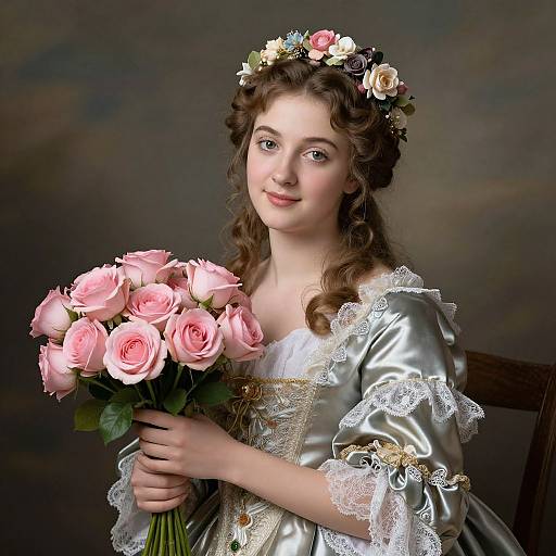 Photograph of a young Caucasian woman with curly brown hair, wearing a floral headpiece, silver satin dress with lace, holding a bouquet of pink roses