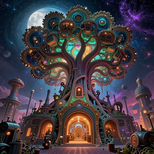 Whimsical, vibrant digital art of a giant, multi-branched, steampunk-style tree house with glowing, colorful rooms under a full