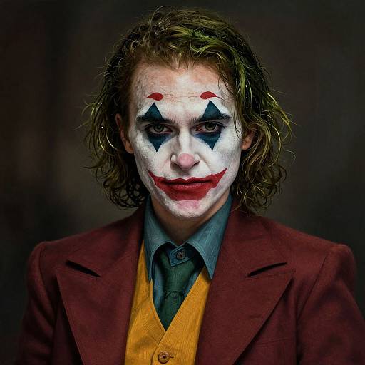 Photograph of a man with white face paint, black triangle eye makeup, red lips, and green curly hair, wearing a red blazer over a