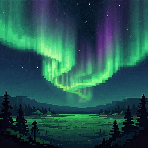 Pixel art of a vibrant green and purple aurora borealis over a starry night sky, with dark silhouetted trees and a grassy